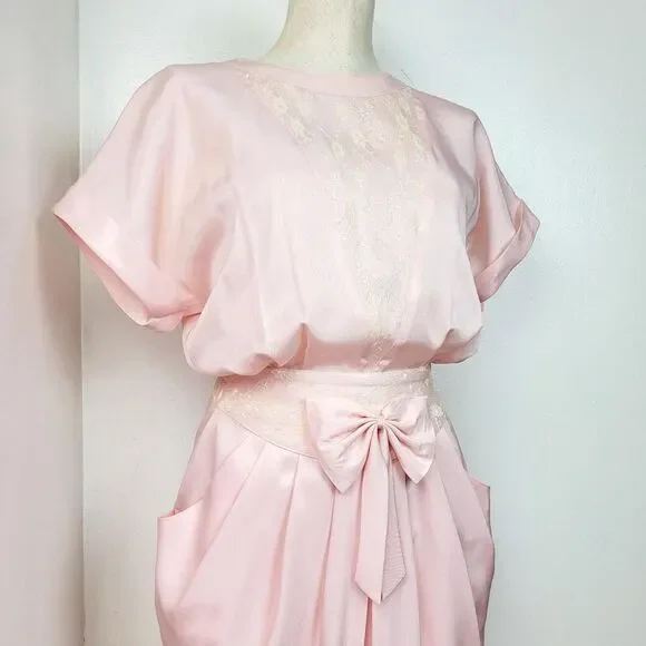 Vintage 80s Baby Pink Midi Dress - Picture 2 of 7